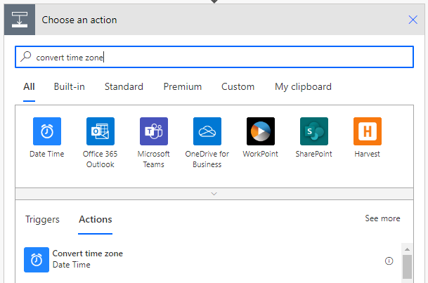 Screenshot to search for the convert time zone action in Power Automate.