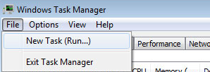 Screenshot of New Task (Run...) option of the File menu in Windows Task Manager.