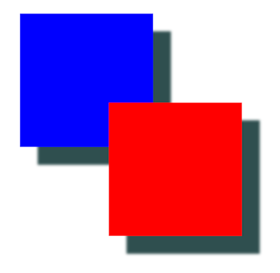 Persegi merah yang tumpang tindih dengan persegi biru dengan bayangan diterapkan ke setiap persegi.