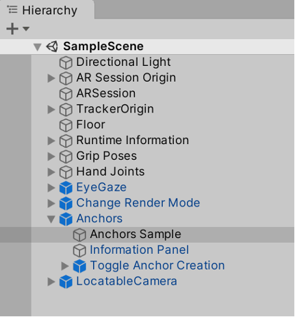 Cuplikan layar panel hierarki terbuka di Unity Editor dengan sampel jangkar disorot