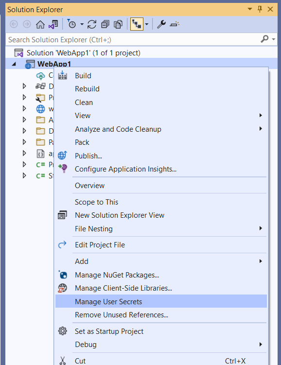 Visual Studio memperlihatkan Kelola Rahasia Pengguna