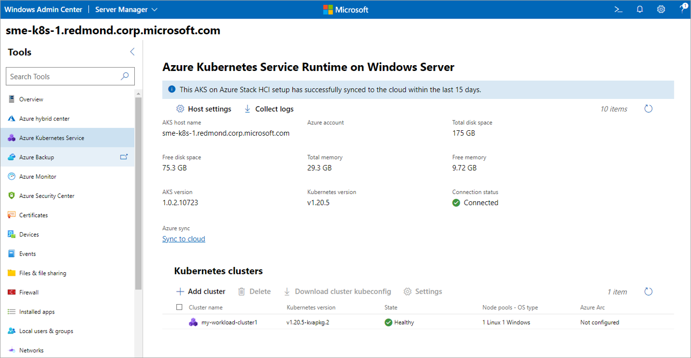 Illustrates the Azure Kubernetes Service tool dashboard that appears after you set up an Azure Kubernetes Service host.