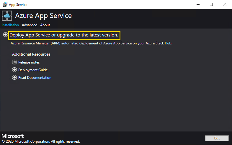 Cuplikan layar yang menunjukkan cara memulai penyebaran atau meningkatkan proses di penginstal App Service.