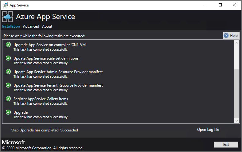 Cuplikan layar yang menunjukkan kemajuan penyebaran di penginstal App Service.