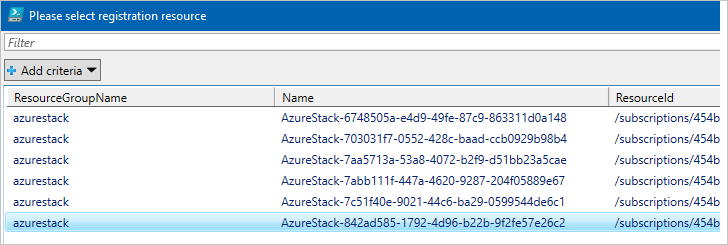 Cuplikan layar yang memperlihatkan daftar semua pendaftaran Azure Stack yang tersedia di langganan yang dipilih.