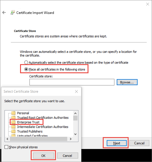 Configure the certificate store for certificate import