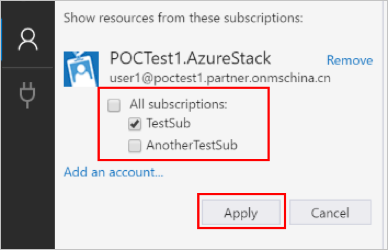 Pilih langganan Azure Stack Hub setelah mengisi kotak dialog Lingkungan Cloud Kustom