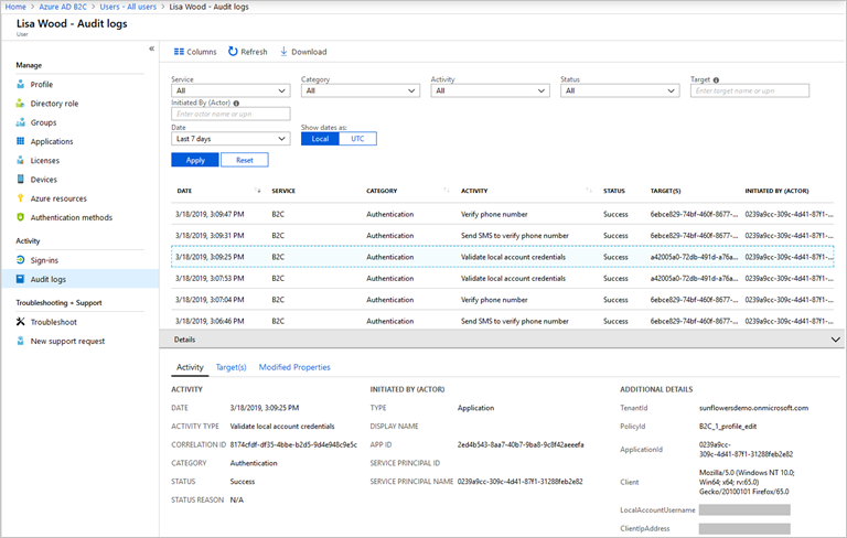 Log audit pengguna individual ditampilkan dalam portal Azure.