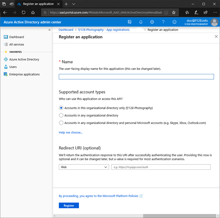 Create a new app registration in the Azure portal