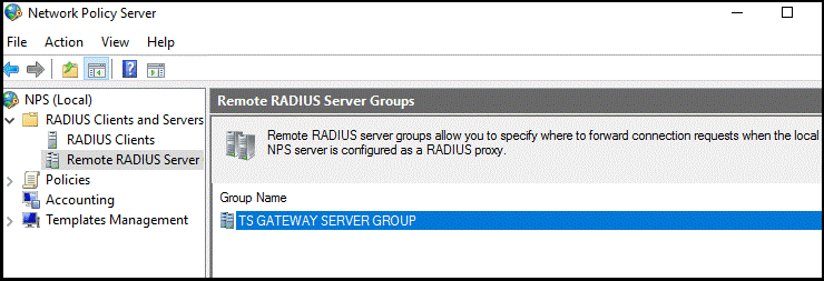 Konsol manajemen Network Policy Server memperlihatkan Server RADIUS Jarak Jauh