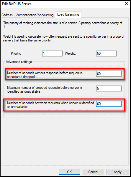 Edit pengaturan batas waktu Radius Server pada tab penyeimbangan muatan