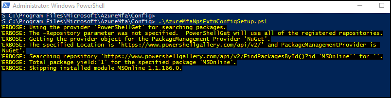 Menjalankan AzureMfaNpsExtnConfigSetup.ps1 di PowerShell