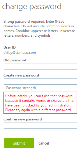 Error message displayed when you try to use a password that's part of the custom banned password list
