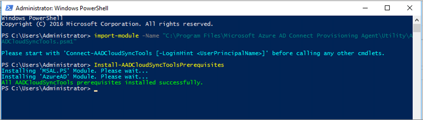 Screenshot of the notification in the PowerShell window that says the prerequisites were installed successfully.