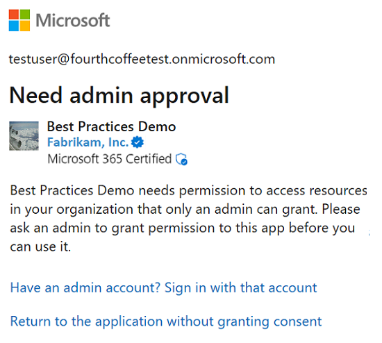 Cuplikan layar prompt persetujuan yang memberi tahu pengguna untuk meminta akses admin ke aplikasi.