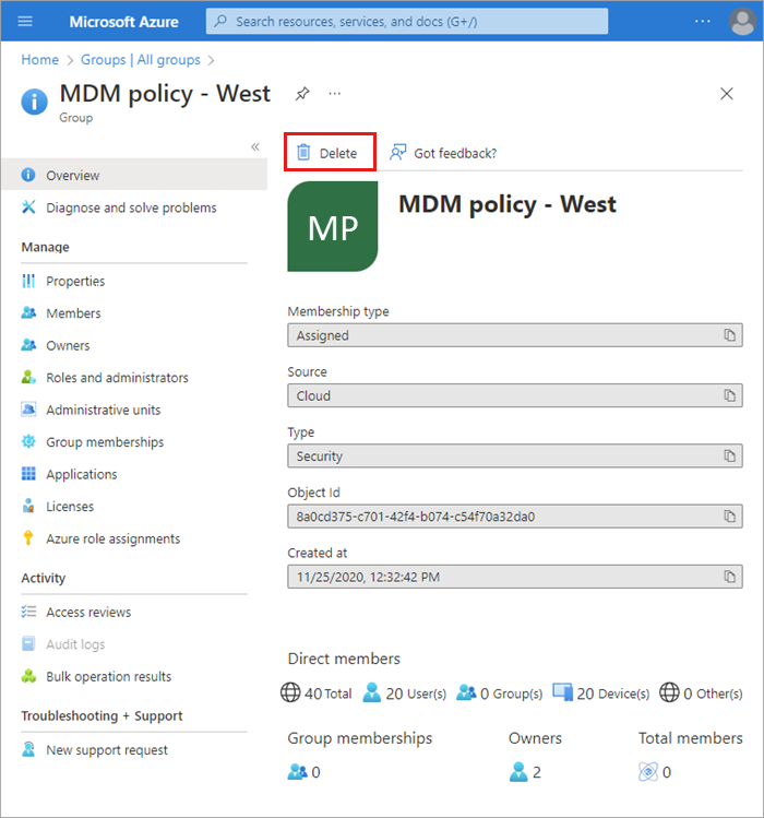 Cuplikan layar kebijakan MDM - Halaman Ringkasan West dengan disorotnya link Hapus.
