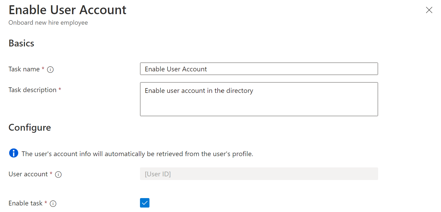 Cuplikan layar tugas Alur kerja: aktifkan akun pengguna.