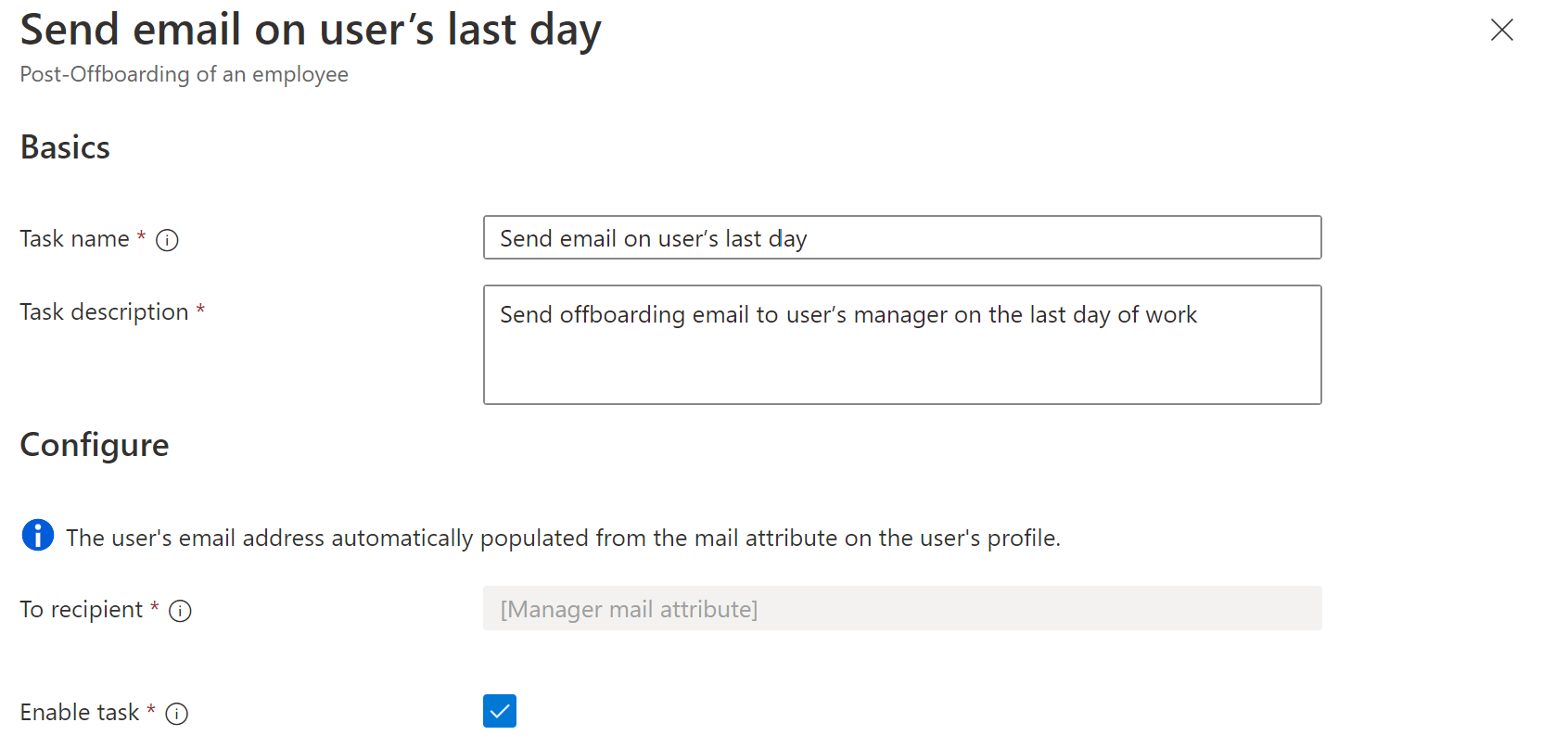 Cuplikan layar tugas Alur Kerja: tugas untuk mengirim email pada hari terakhir.