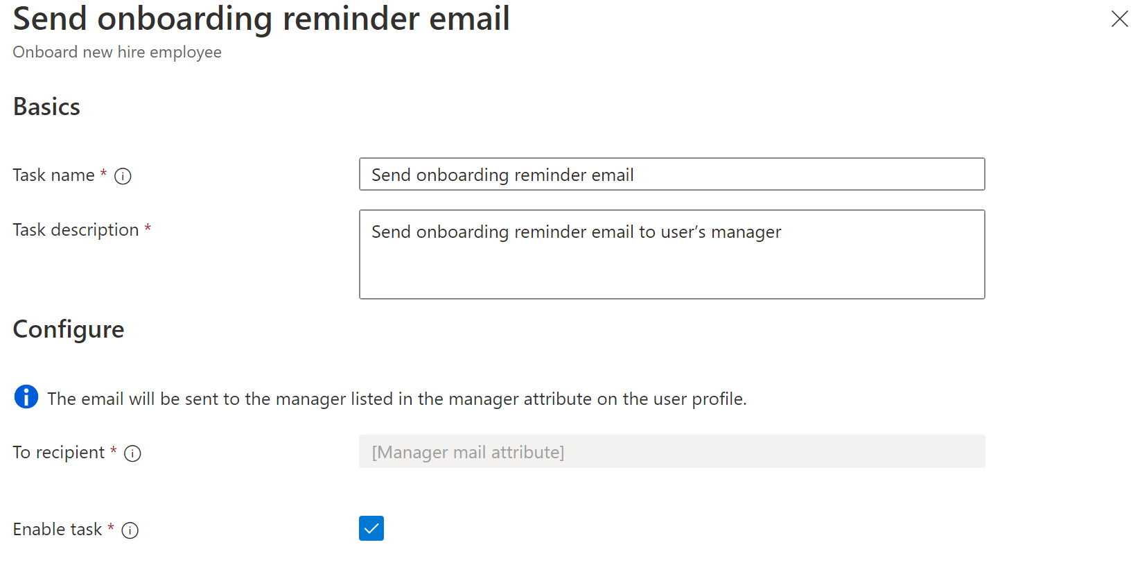 Cuplikan layar tugas Alur Kerja: Kirim tugas email pengingat onboarding.