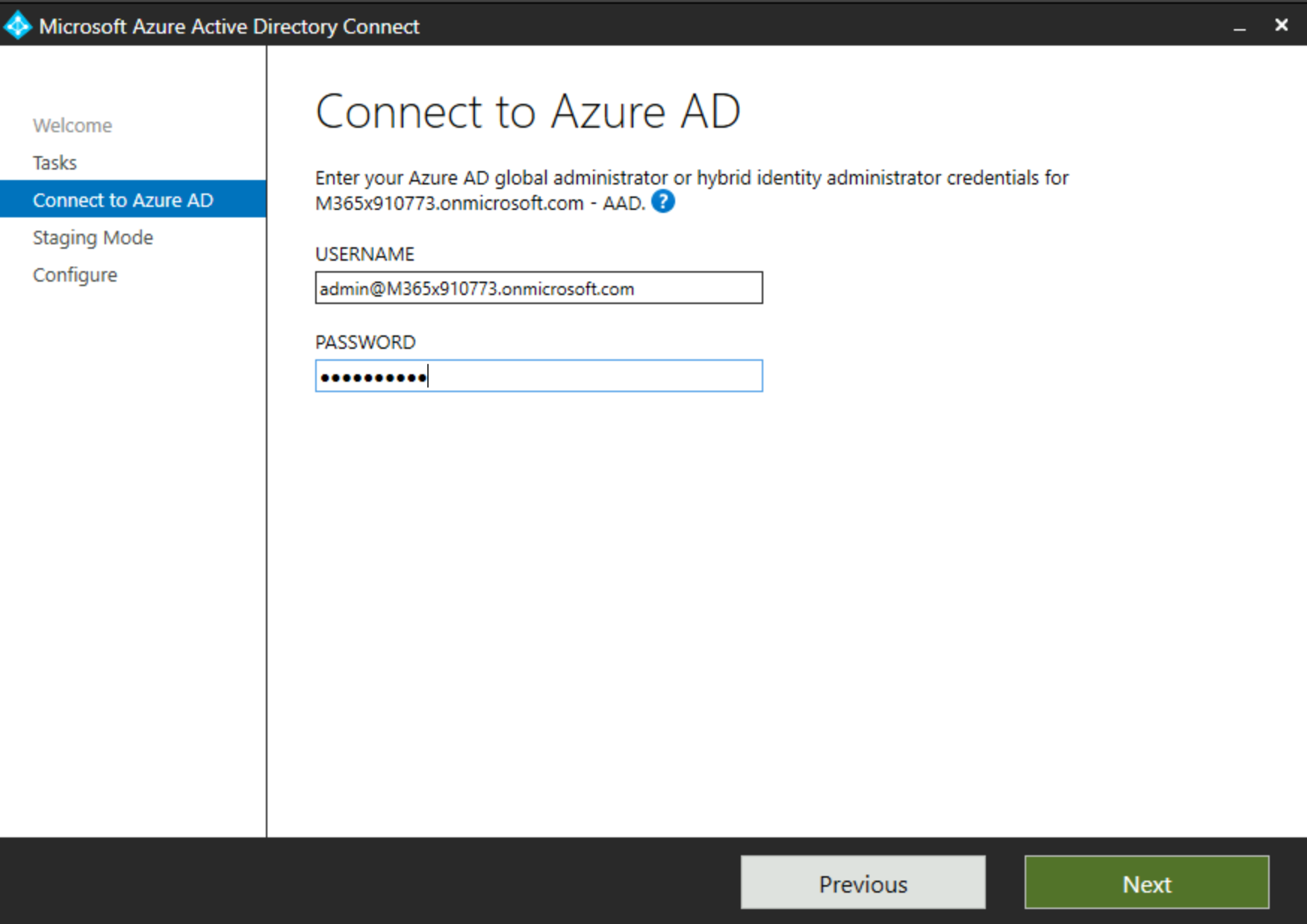 Cuplikan layar memperlihatkan perintah Masuk dalam kotak dialog Koneksi Microsoft Entra Aktif.