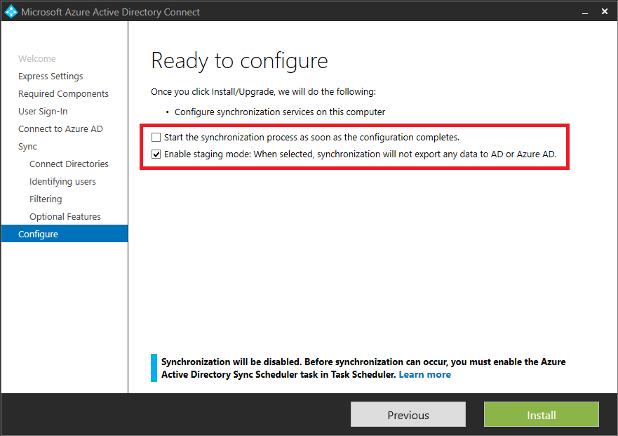 Cuplikan layar memperlihatkan halaman Siap dikonfigurasi dalam kotak dialog Microsoft Entra Koneksi.