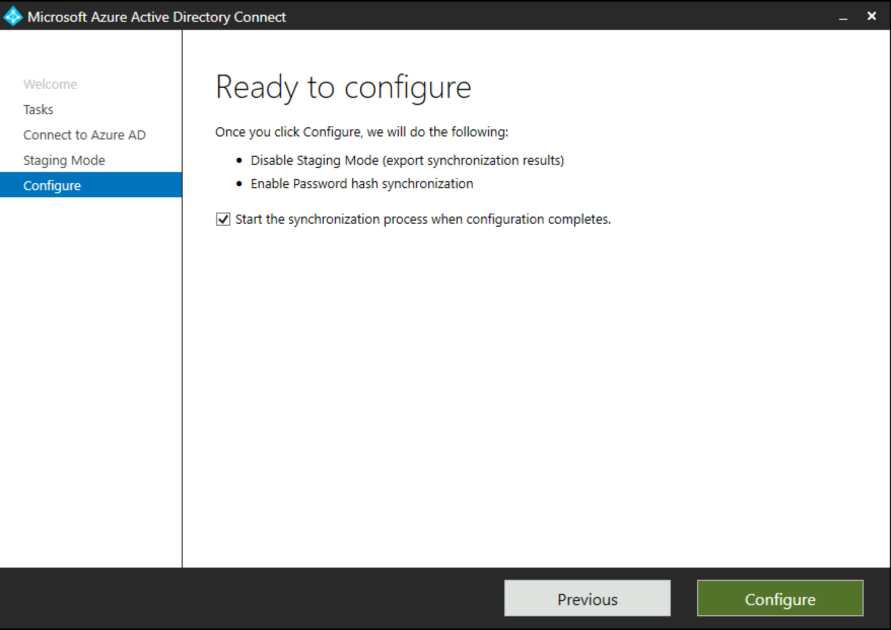 Cuplikan layar memperlihatkan layar Siap Dikonfigurasi dalam kotak dialog Penahapan Microsoft Entra Koneksi.