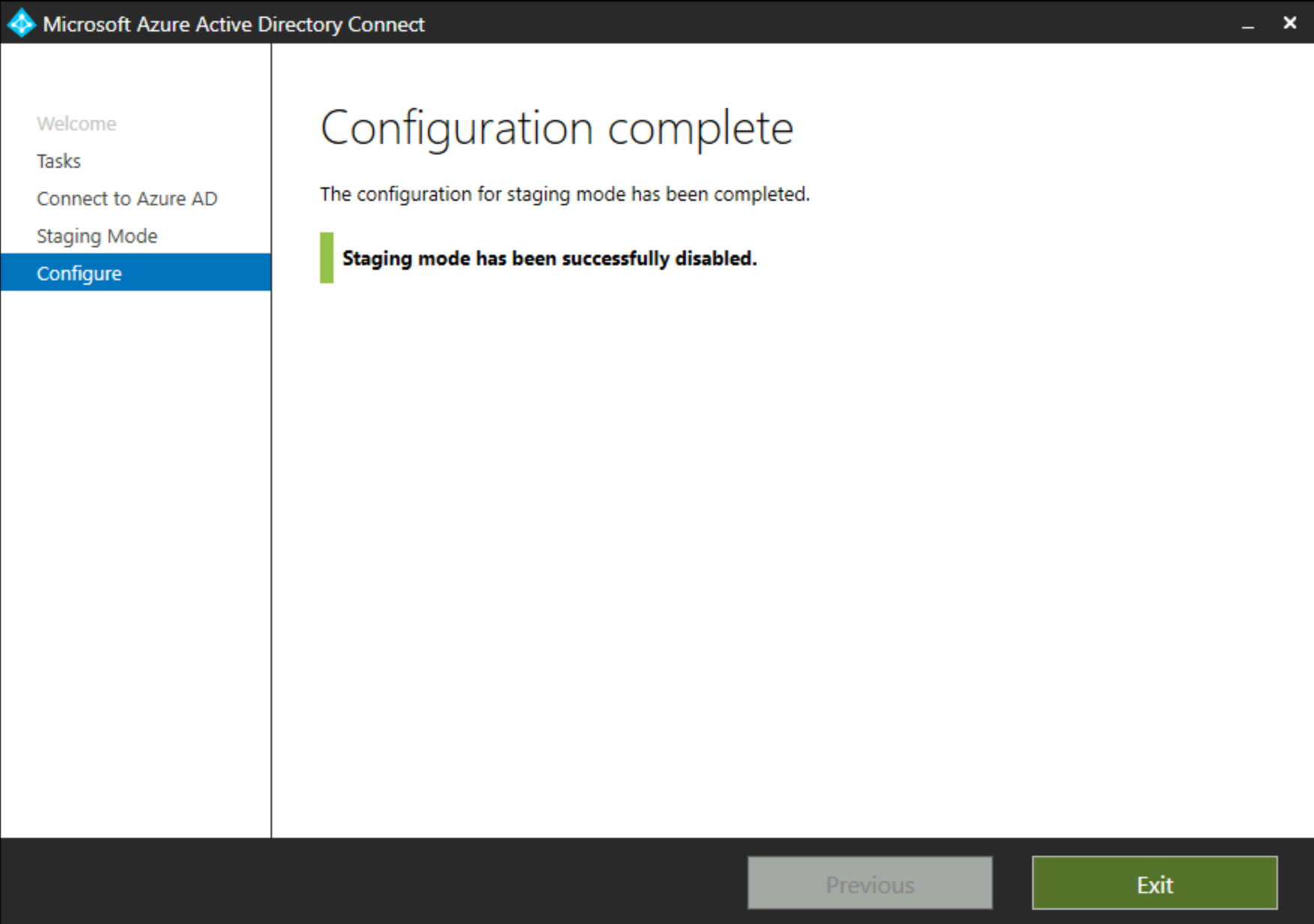 Cuplikan layar memperlihatkan layar Konfirmasi dalam kotak dialog Penahapan Microsoft Entra Koneksi.