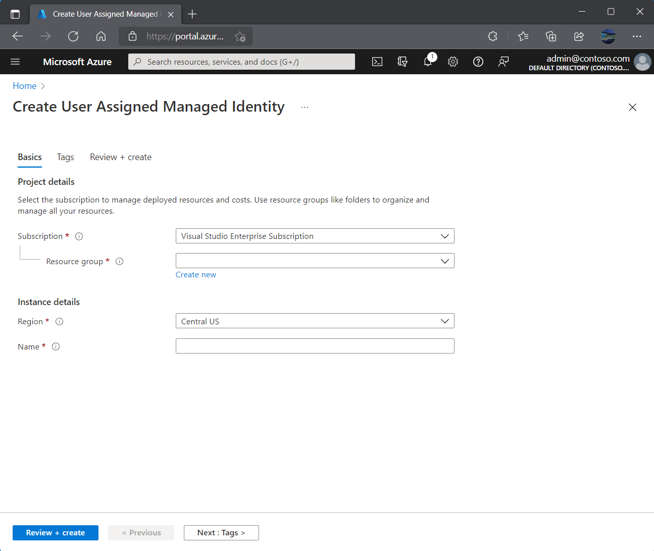 Cuplikan layar yang menampilkan panel Buat Identitas Terkelola yang Ditetapkan Pengguna.