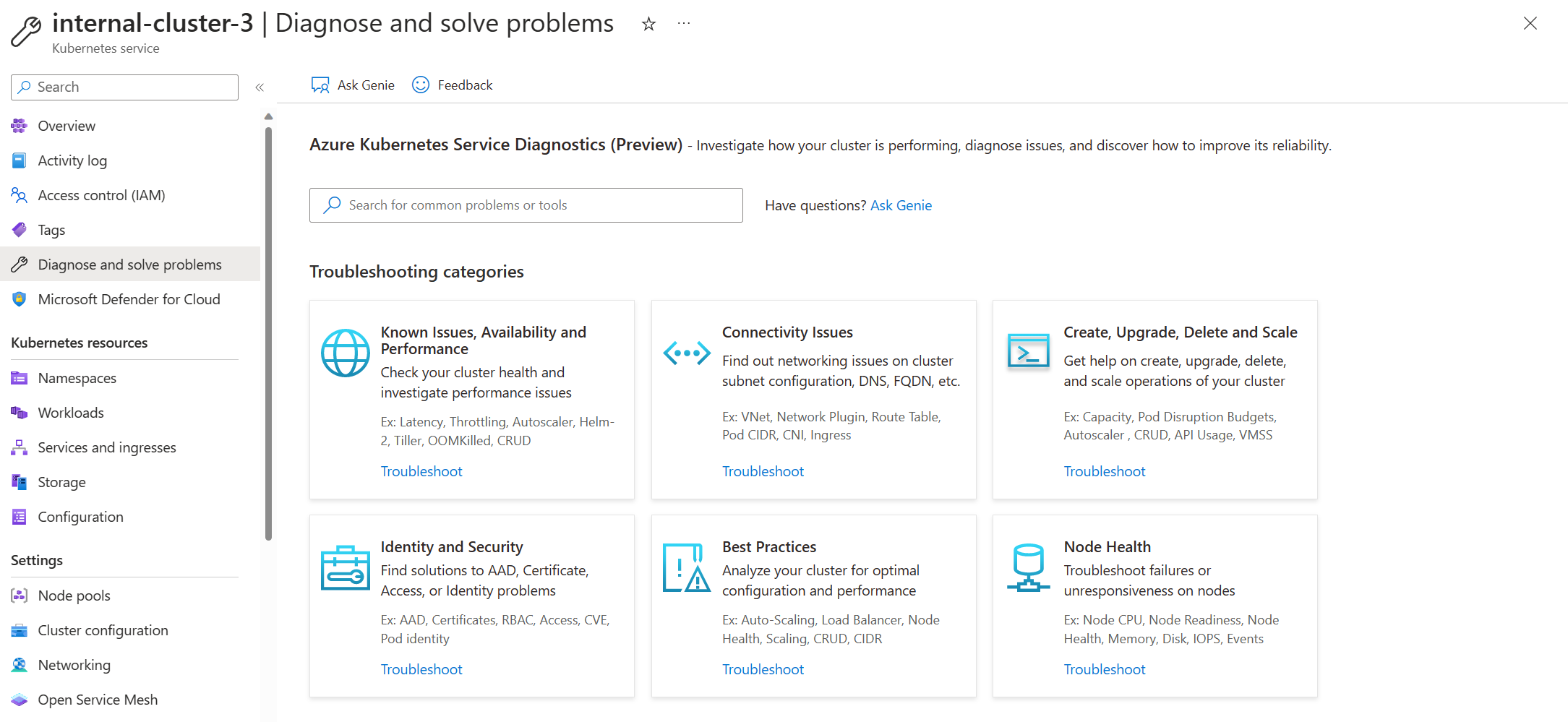 cuplikan layar Halaman Beranda Diagnosis dan Penyelesaian Masalah AKS.