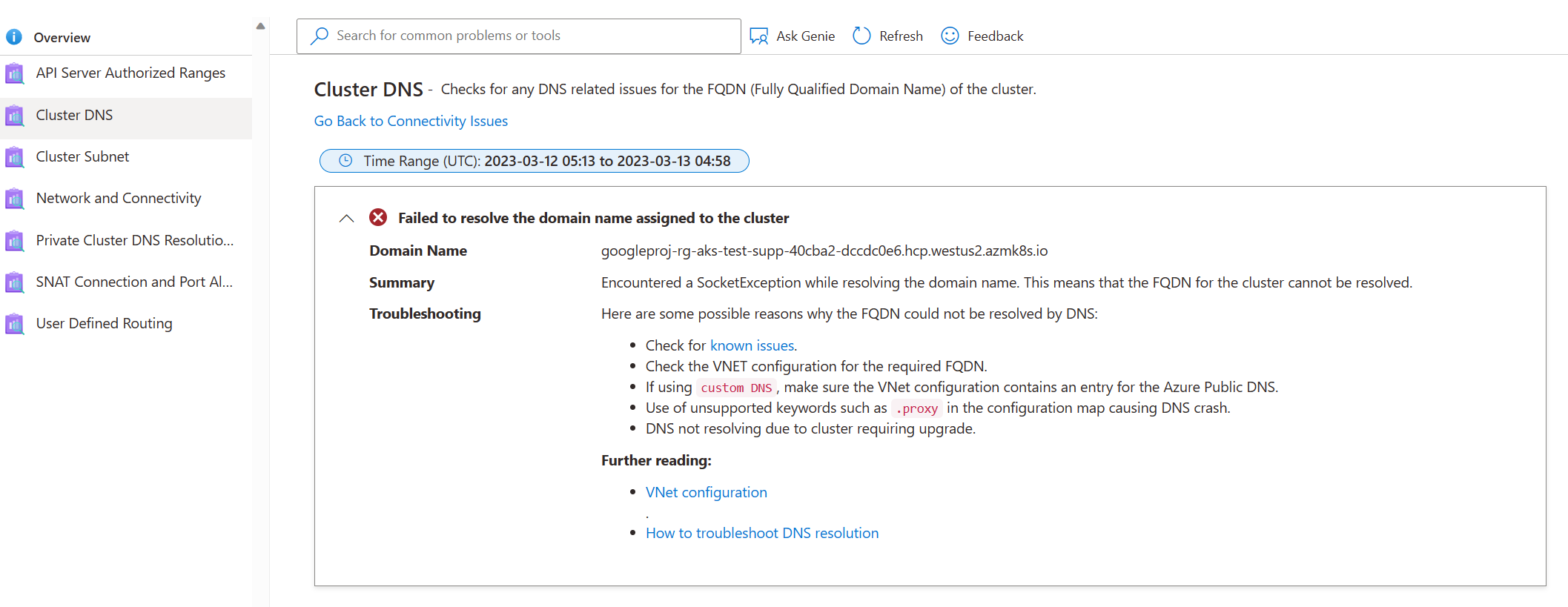 Cuplikan layar AKS Mendiagnosis dan Memecahkan Masalah Hasil - Jaringan - DNS Kluster.