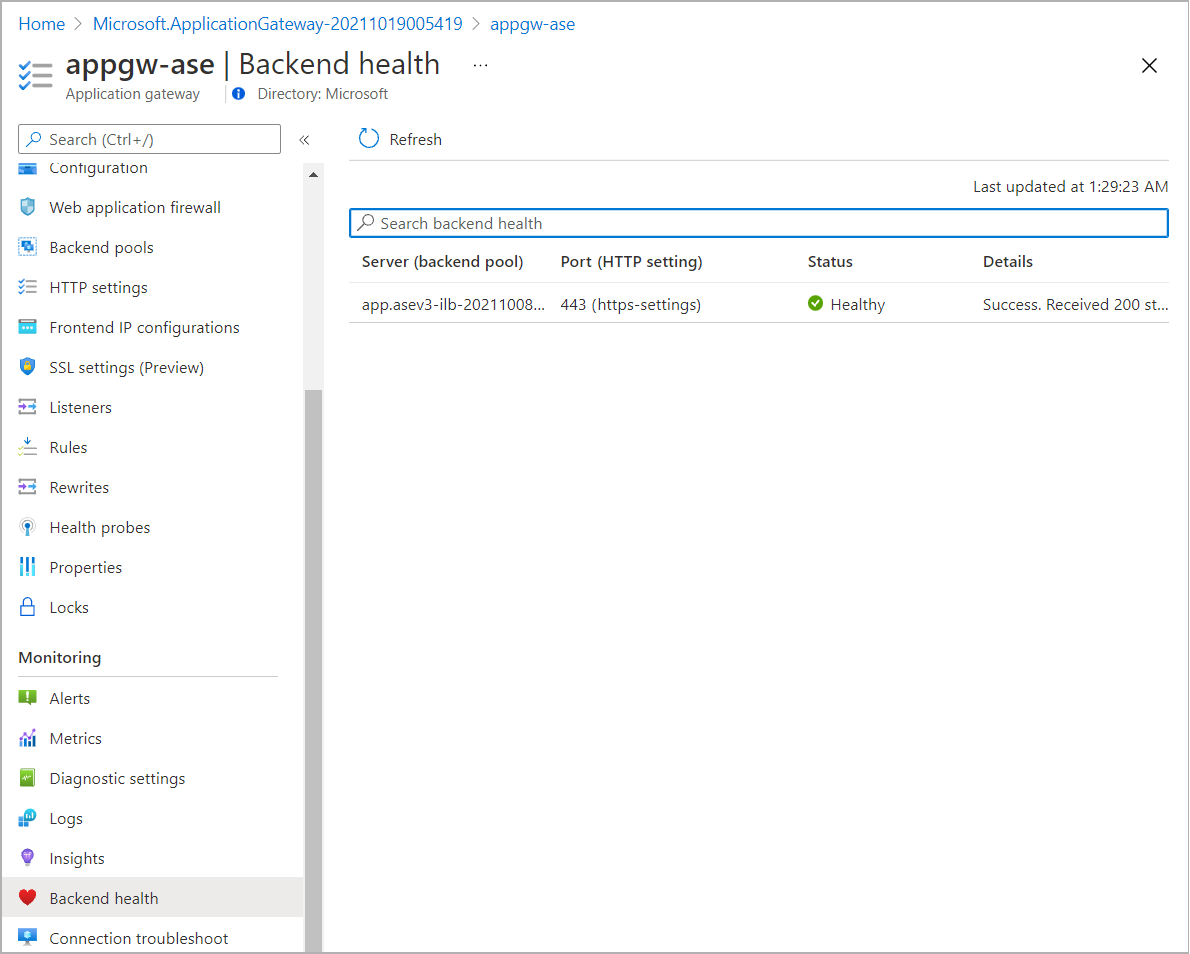 Cuplikan layar konfirmasi status kesehatan backend dari kesehatan backend.