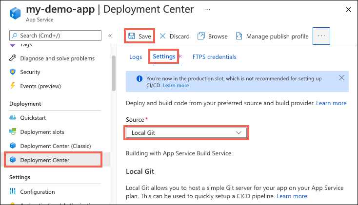 Memperlihatkan cara mengaktifkan penyebaran Git lokal untuk App Service di portal Azure