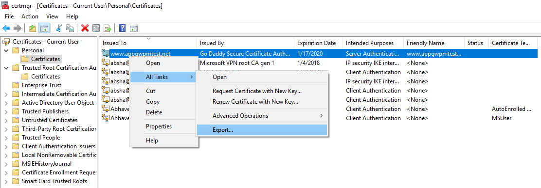 Screenshot shows the Certificate Manager with Certificates selected and a contextual menu with All tasks, then Export selected.
