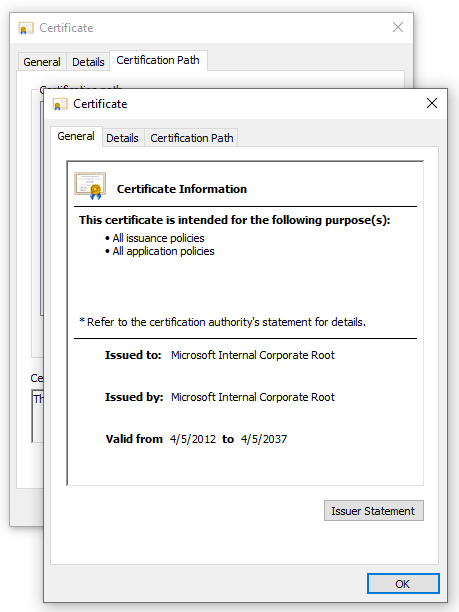 Screenshot of certificate info.