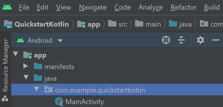 Folder com.example.quickstartkotlin - Kotlin