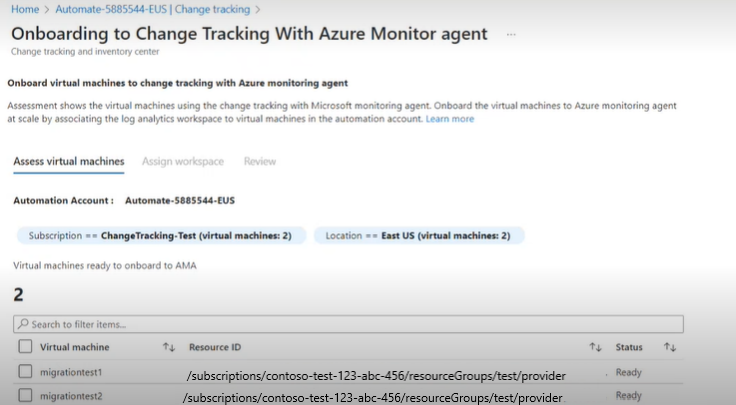 Cuplikan layar onboarding beberapa komputer virtual untuk Mengubah pelacakan dan inventarisasi dari analitik log ke agen pemantauan Azure.