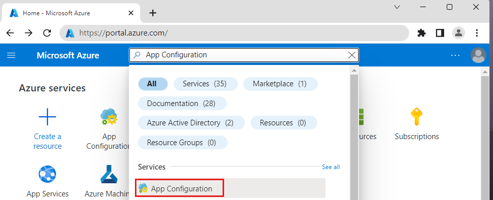 Cuplikan layar portal Azure yang memperlihatkan layanan App Configuration di bilah pencarian.