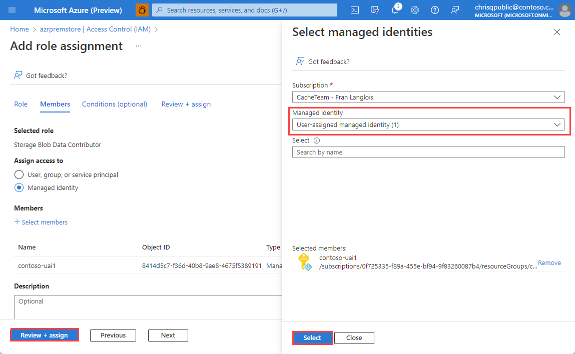 select managed identities form pop up