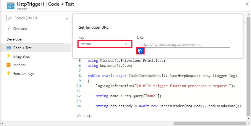 Copy the function URL from the Azure portal