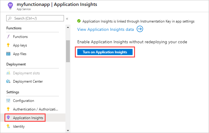 Open Application Insights from the function app Overview page