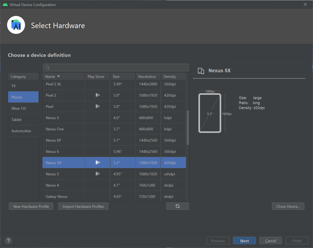 Cuplikan layar yang menampilkan layar Memilih Perangkat Keras di Android Virtual Device Manager saat membuat Perangkat Virtual baru.