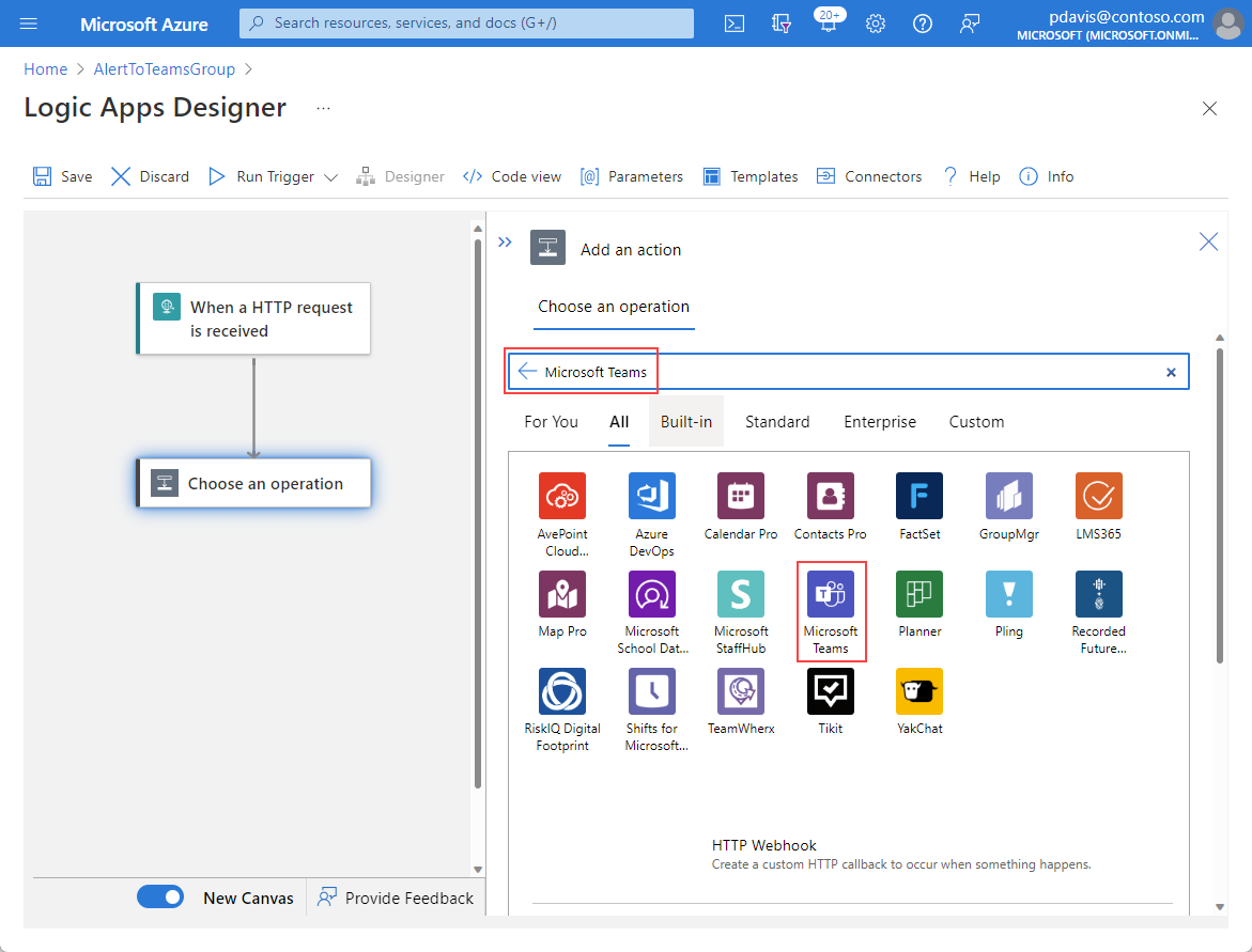 Cuplikan layar yang memperlihatkan halaman Tambahkan tindakan logic Apps Designer dengan Microsoft Teams dipilih.