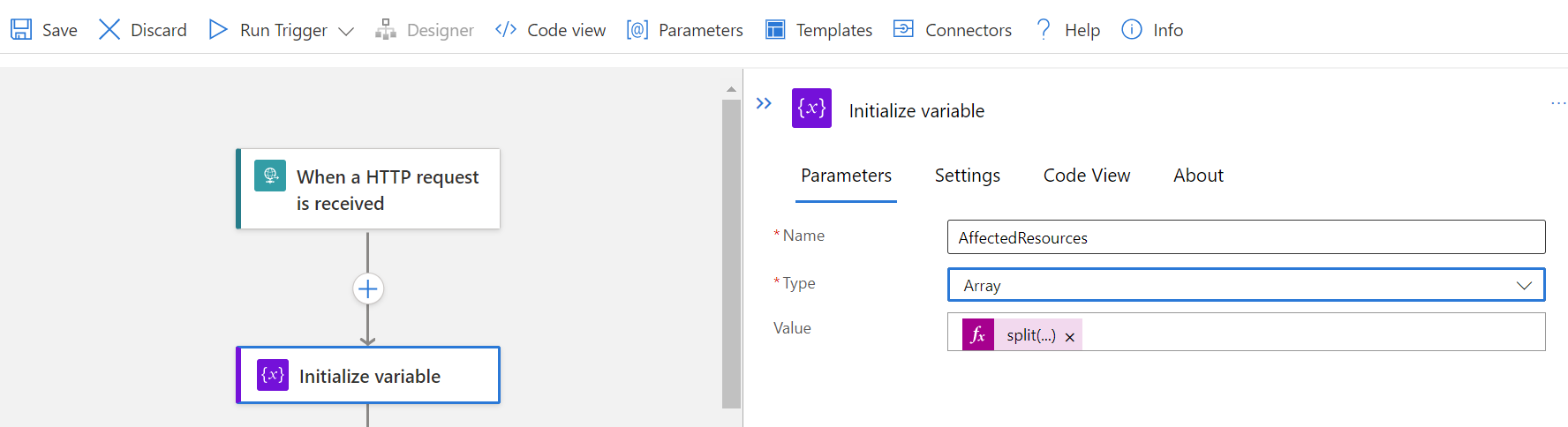 Cuplikan layar yang memperlihatkan tab Parameter untuk panel Inisialisasi variabel.