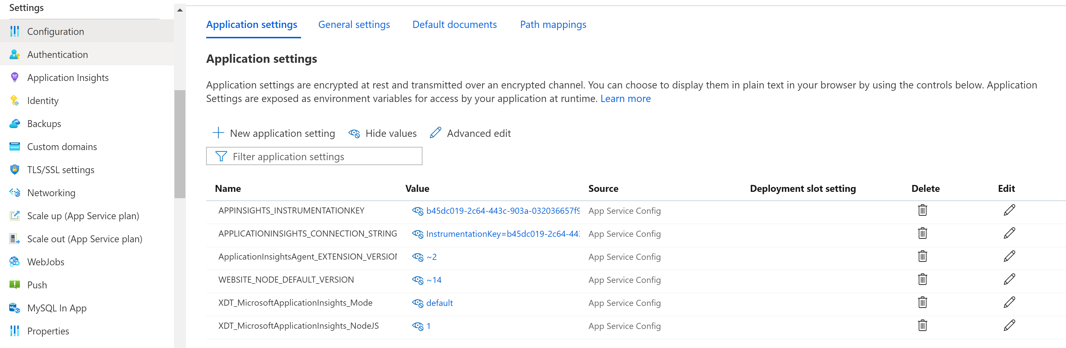 Cuplikan layar Pengaturan Aplikasi App Service dengan pengaturan Application Insights yang tersedia.
