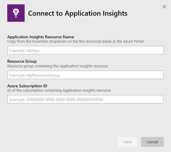 Cuplikan layar menunjukkan jendela Sambungkan ke Application Insights.