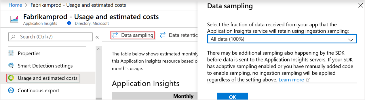 From the application's Overview blade, click Settings, Quota, Samples, then select a sampling rate, and click Update.