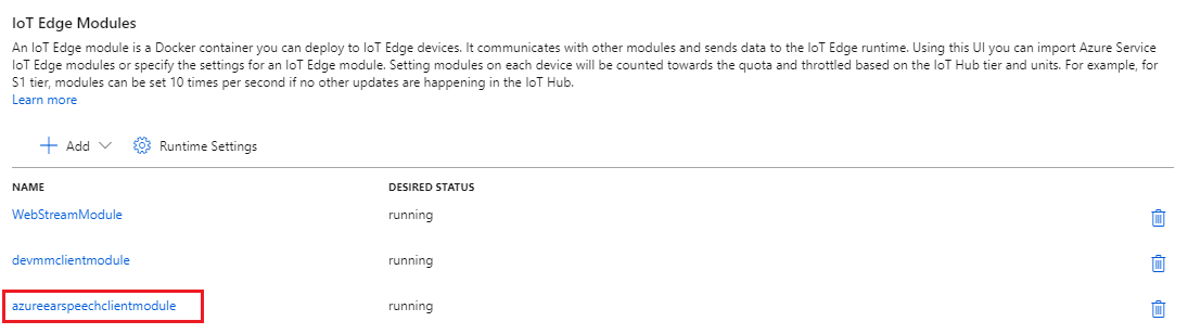 Cuplikan layar menunjukkan daftar semua modul IoT Edge di perangkat.