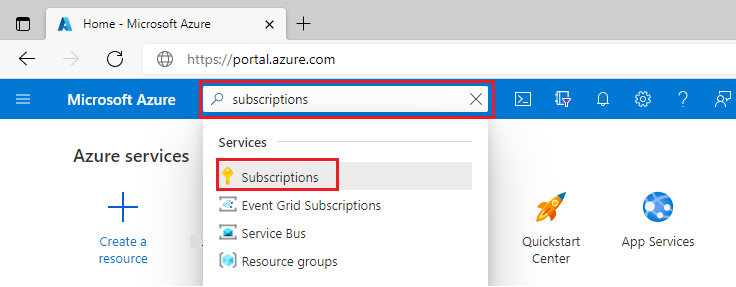 Cuplikan layar kotak pencarian portal Azure dengan 'langganan' dimasukkan.