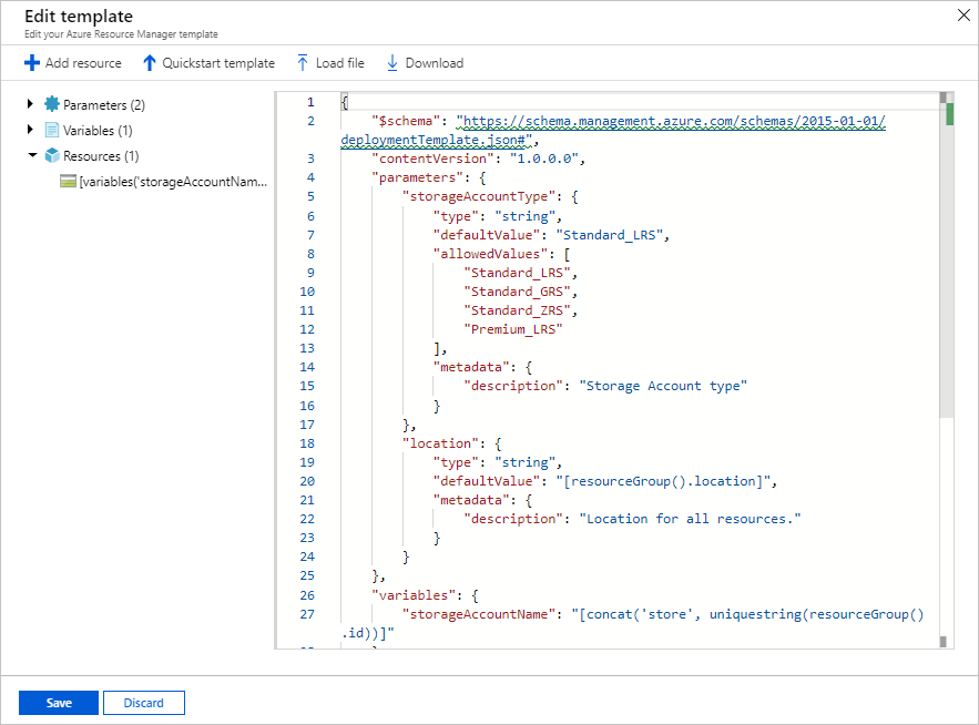 Cuplikan layar mengedit templat JSON di portal Azure