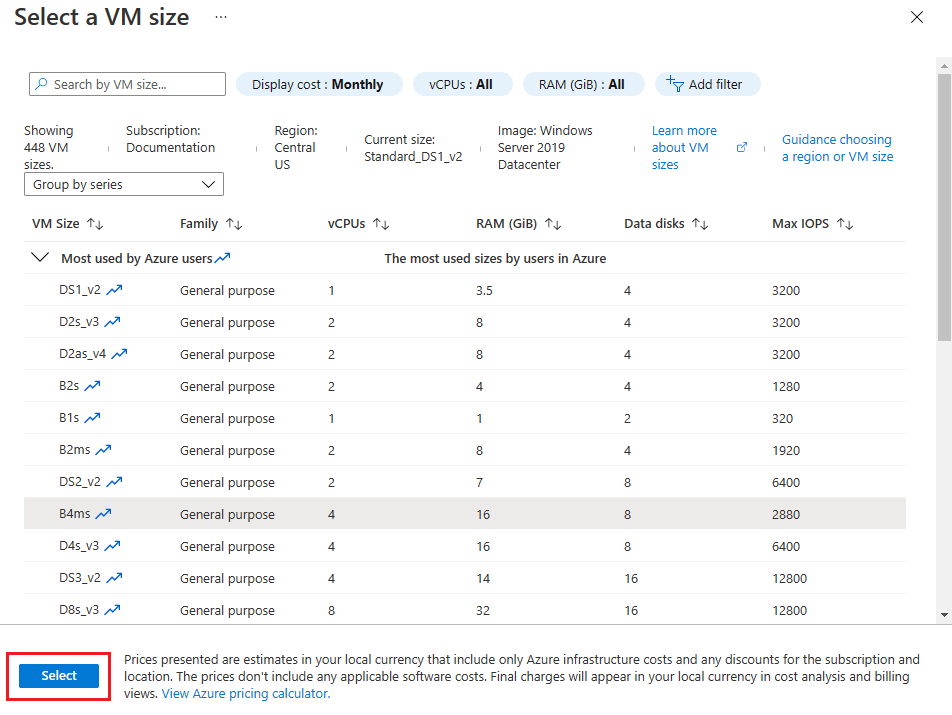 Screenshot of Azure portal that shows available virtual machine sizes.